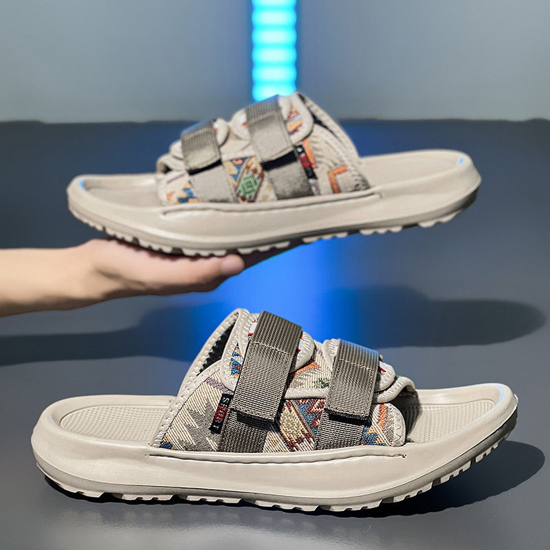 Pantuflas de velcro de tela verano nueva tendencia transpirable playa al aire libre ocio fondo plano pisando la mierda sandalias para hombres