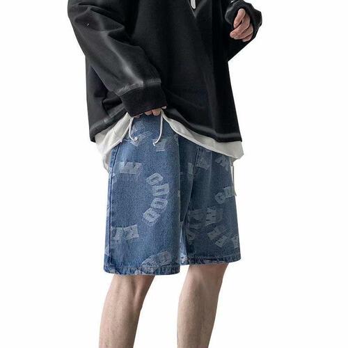 American letter print denim shorts for men, summer loose plus size 5-inch mid-rise streetwear trend brand big pants