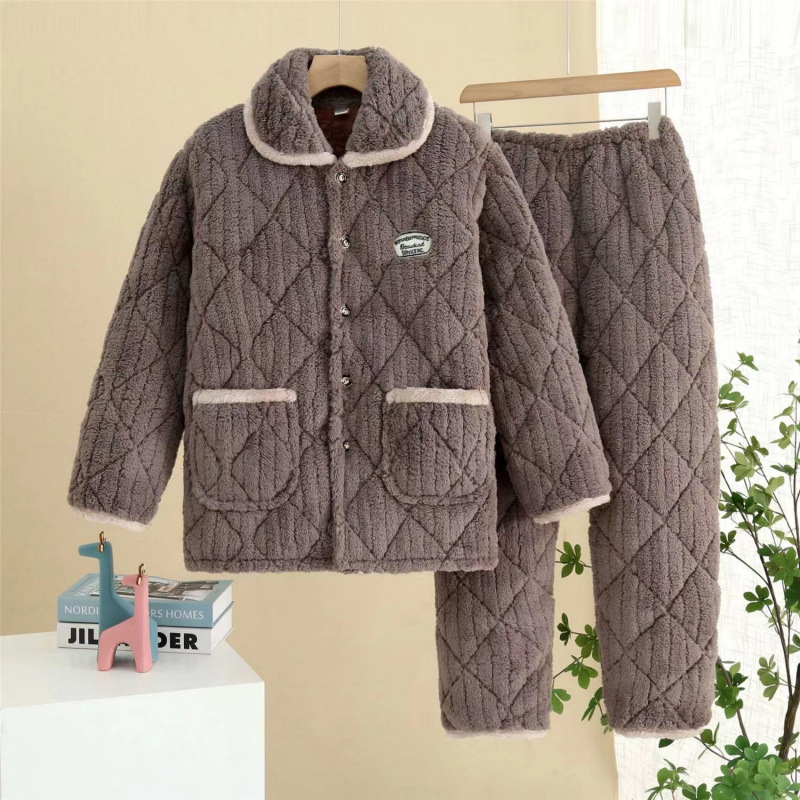 남성용 겨울면 잠옷, 3겹 플러스 벨벳, 두툼한 누빔 플란넬, 따뜻한 홈웨어 세트, 캐주얼하고 외출 가능