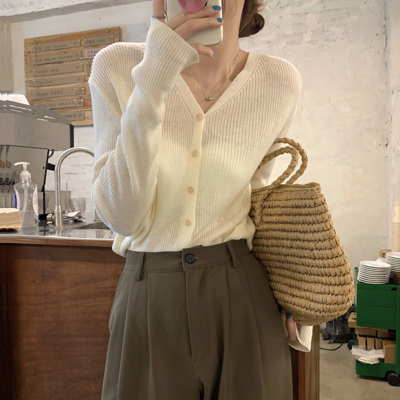 针织衫女v领开衫2025新款黑色薄款打底上衣春秋灰色内搭毛衣外套|undefined