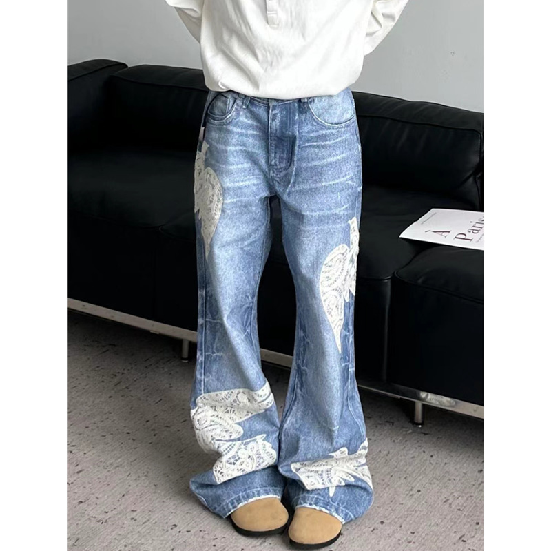 American Vintage Washed Lace Printed Design Jeans Women's High Street Loose Pendant Straight Trousers Cross-border