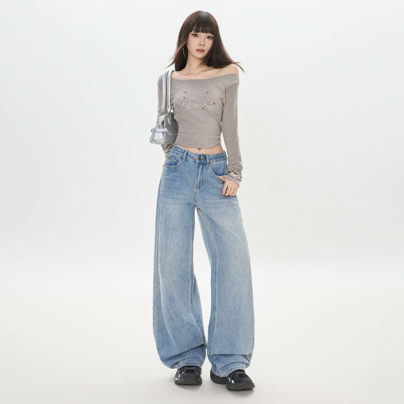 Wholesale Dropshipping Autumn Simple Commuter Retro Washed Loose Jeans for Women, Fashionable and Versatile, Age-Reducing High-Waisted Wide Legs