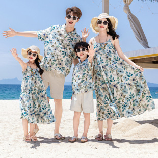 Beach Parent-Child Outfits Yunnan Xinjiang Grassland Travel Outfits Couple Ethnic Style Seaside Vacation Mother-Daughter Suspender Dress