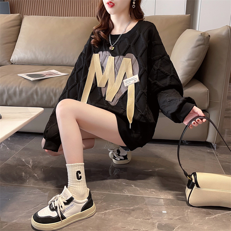 Damen Jacquard Sweatshirt Mit Bindeband Mittellang Locker Geschnitten_voghion.com