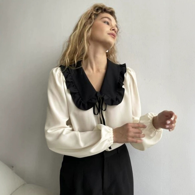 Cross-Border Color-Blocked Doll Collar Shirt, European and American Style, 2026 Spring/Summer New Color-Blocked Satin Lantern Sleeve French-Style Elegant Top