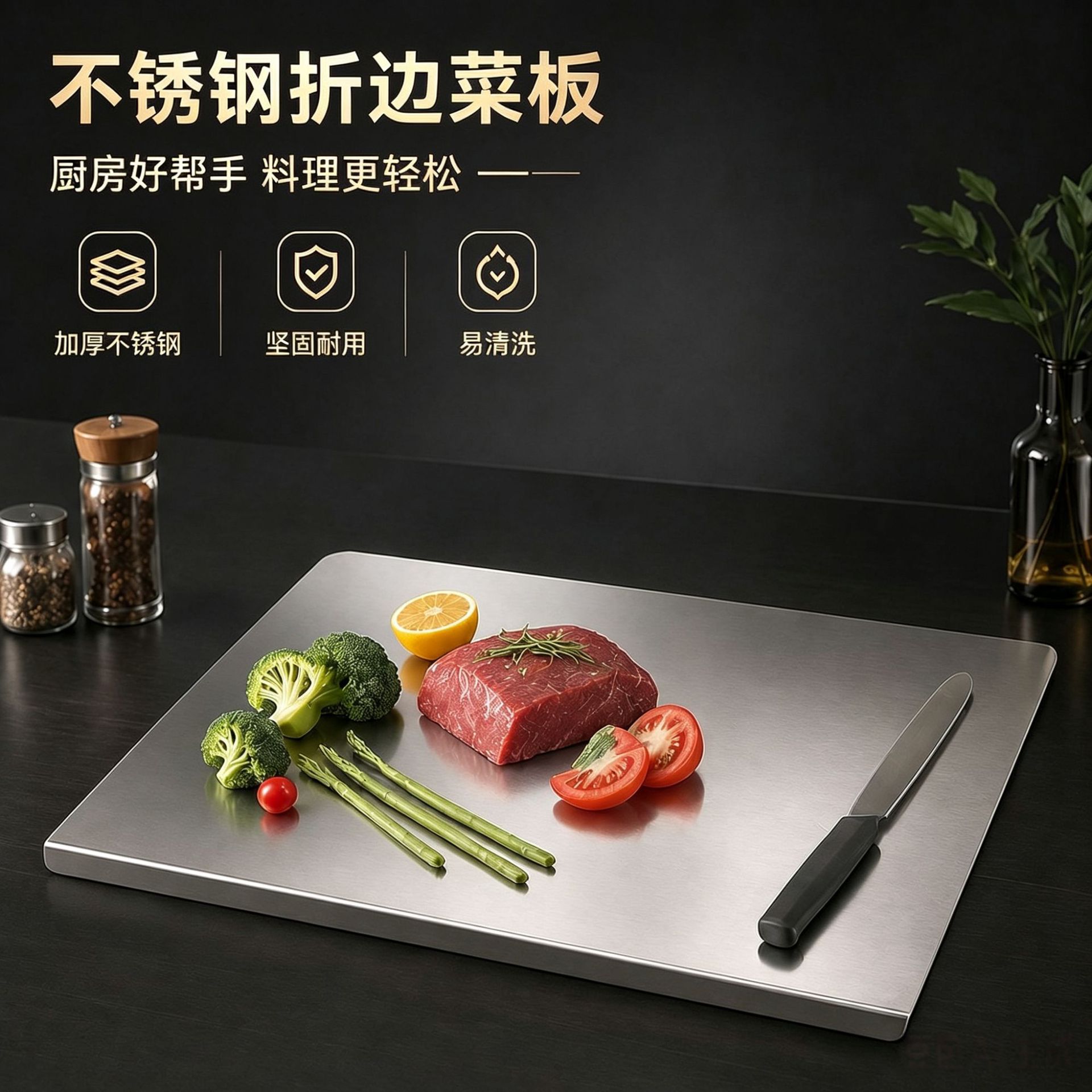 Cross-border stainless steel folding cutting board for home kitchen, double-sided kneading board, commercial chopping board, easy to clean chopping board