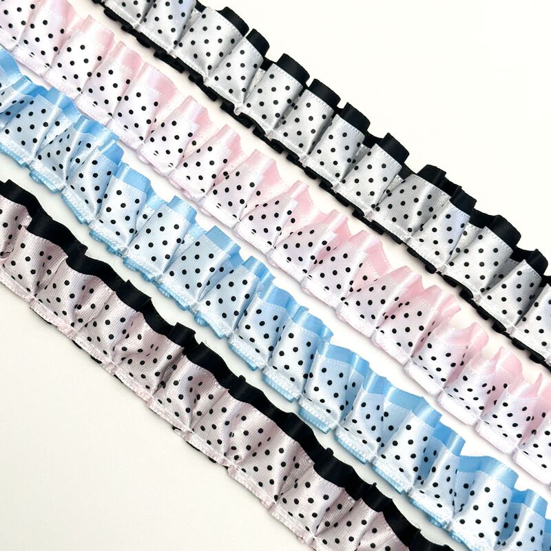 Japanese-Style Double-Layer Black Polka Dot Pleated Lace Fabric Accessories for DIY Ita Bags, Journals, and Hair Decorations