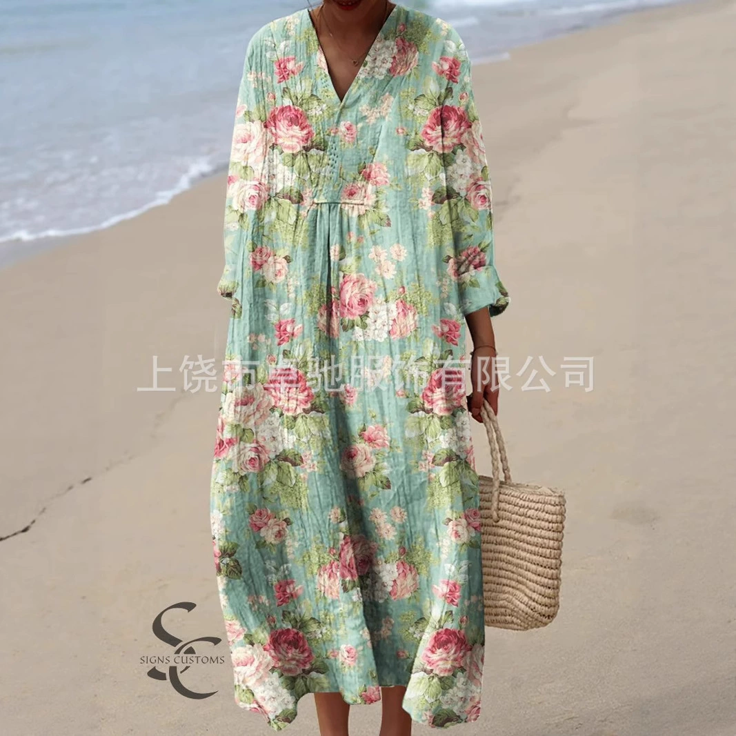 2025 трансграничная независимая станция Amazon платье-рубашка с длинным рукавом женское повседневное цветочное 3D принт длинная юбка
