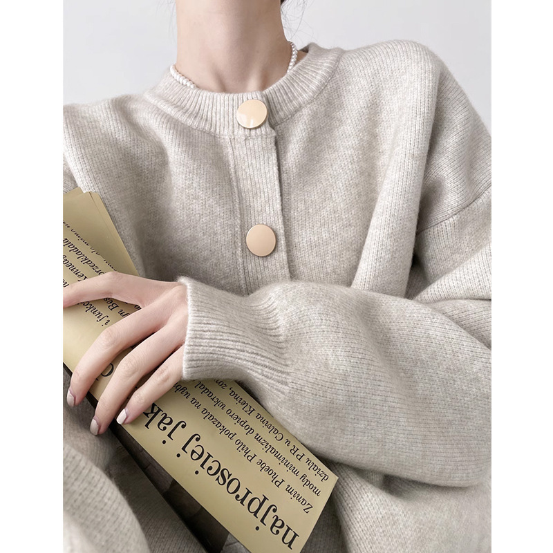Design Sense Single-breasted Solid Color Knitted Sweater Coat Women's 2024 Autumn and Winter New Lazy Loose Crewneck Cardigan