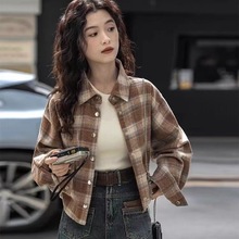 港风衬衣磨毛宽松女式格子新款小个子短款长袖外套衬衫衬衣减龄