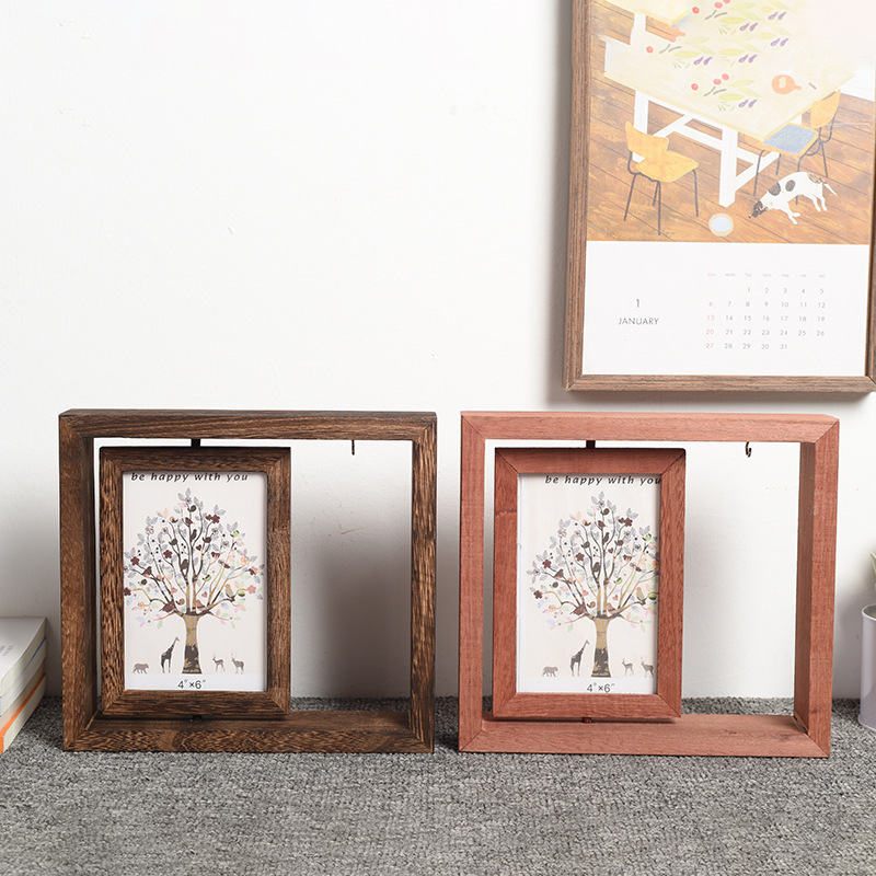 Creative Retro Rotating Photo Frame Rectangular Solid Wood Double-Sided Photo Frame Set Table Log Picture Frame Wooden Desktop Ornaments