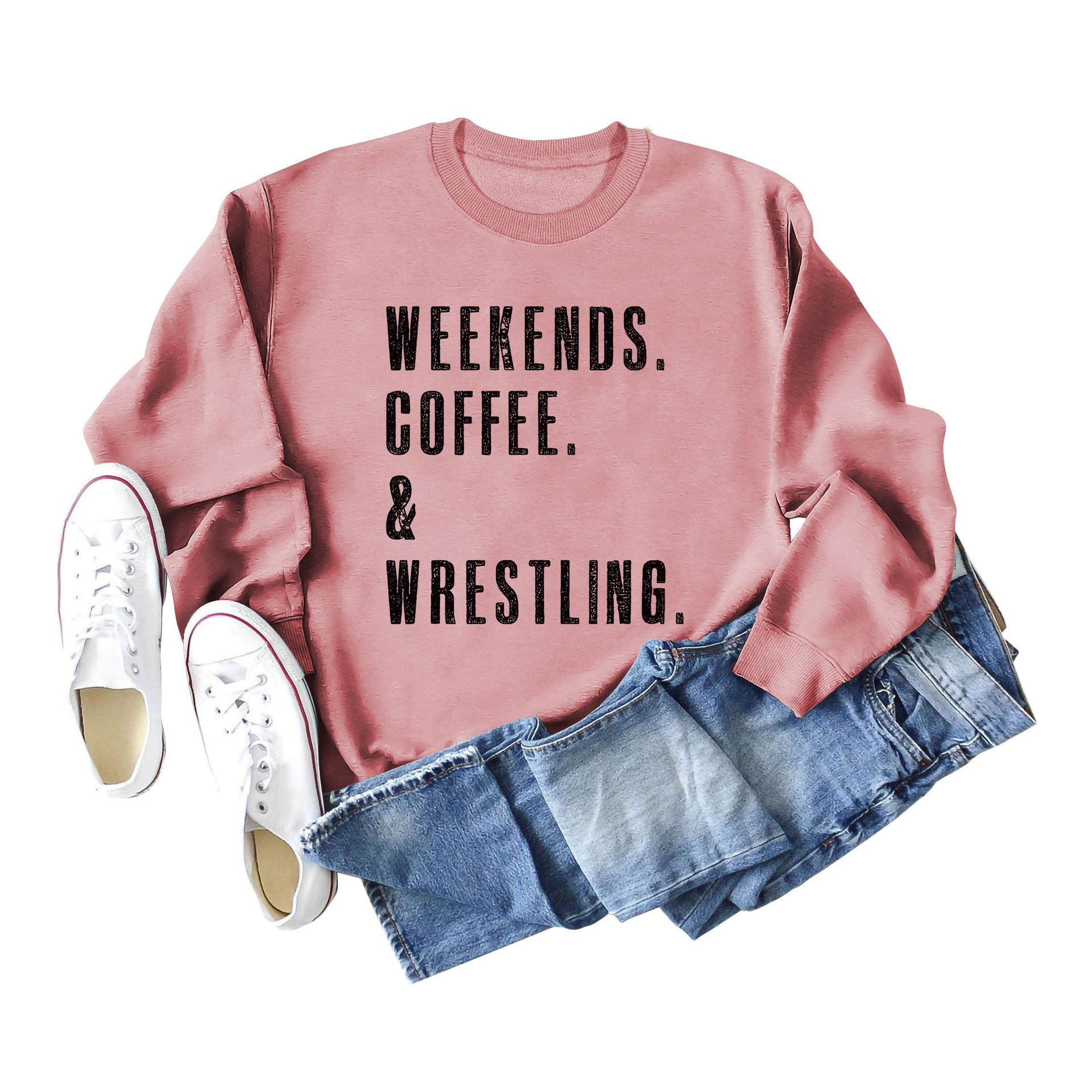 Fines de semana café Amazon en stock cuello redondo moda letras más tamaño Otoño e Invierno manga larga suéter