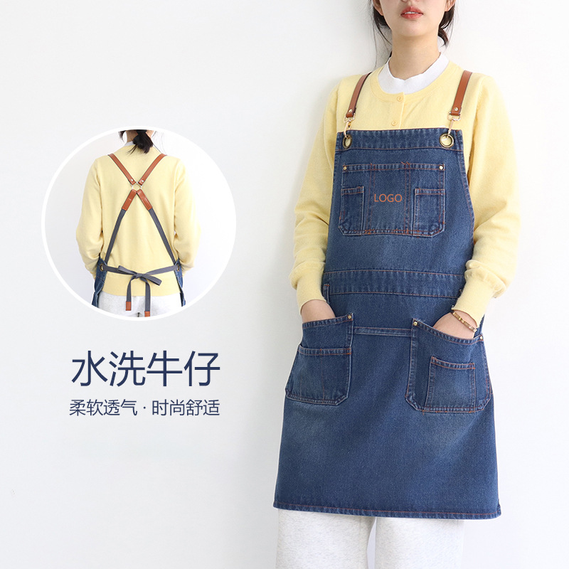 Cross-border coreano denim logotipo personalizado jardinería floral multi-bolsillo corte de pelo ropa de trabajo delantal personalizado al por mayor