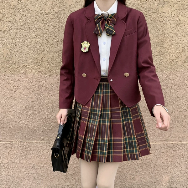Пиджак из burgundy цвета, короткий костюм, школьная плисированная юбка, осенний демисезонный набор, японский стиль uniform