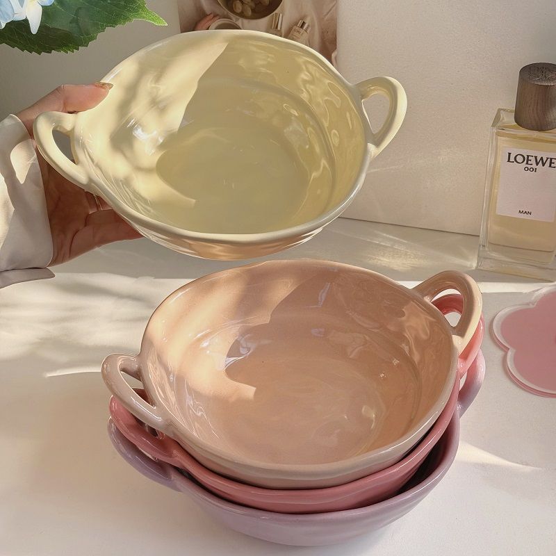 Ceramic Hand-Kneaded Asymmetrical Double-Eared Bowl Fruit Salad Instant Noodles Household Dormitory Student Tableware for One Person