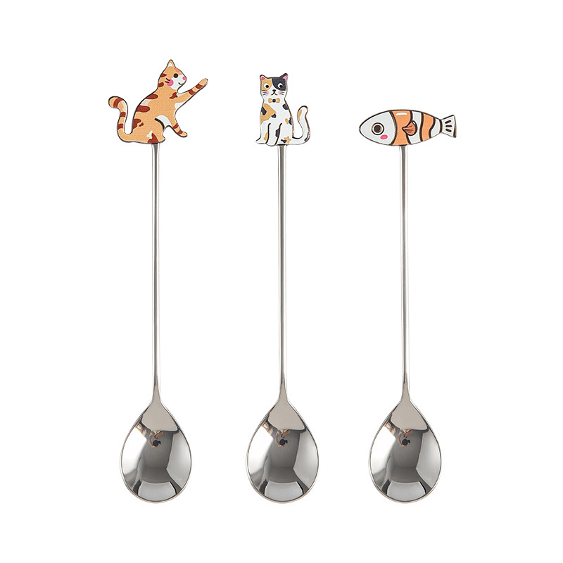 Creative 304 Stainless Steel Cute Fun Fish Cat Restaurant Dessert Coffee Honey Stirring Spoon Fruit Fork_voghion.com