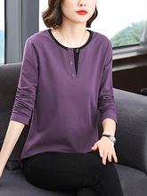 棉打底衫女装春秋新款中年妈妈长袖恤大码胖宽松上衣服