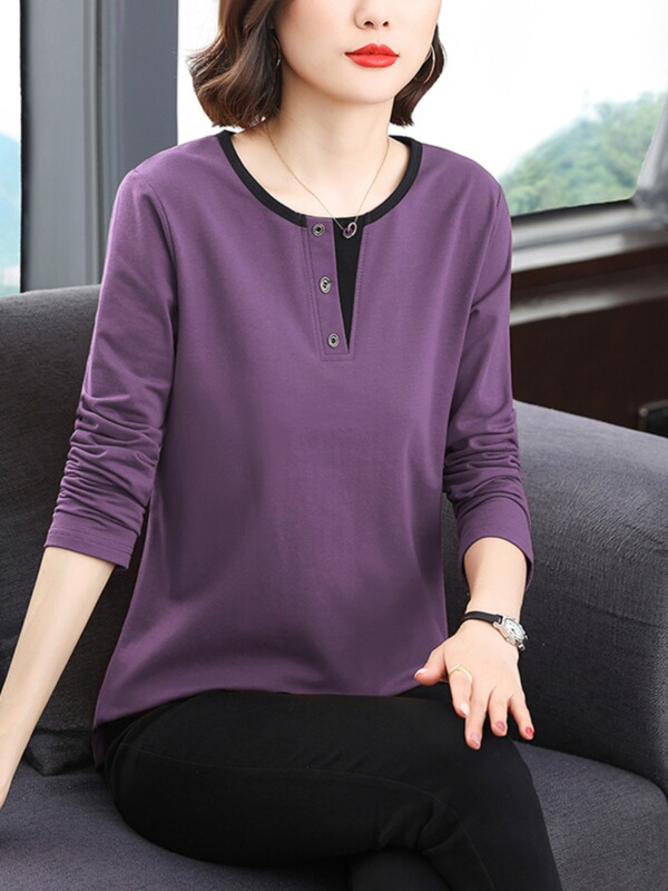 Cotton Bottoming Shirt Women's Spring and Autumn New Style Middle-Aged Mother Long-Sleeved Shirt Large Size Fat Loose Top