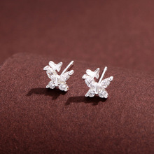 S999纯银足银耳钉闪钻轻奢双蝴蝶耳钉韩版超仙精致小众设计耳饰