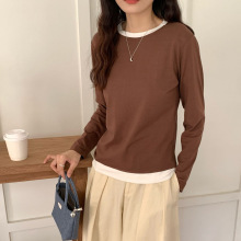 拼色假两件长袖女2025秋冬新款韩版内搭上衣莫代尔修身显瘦打底衫