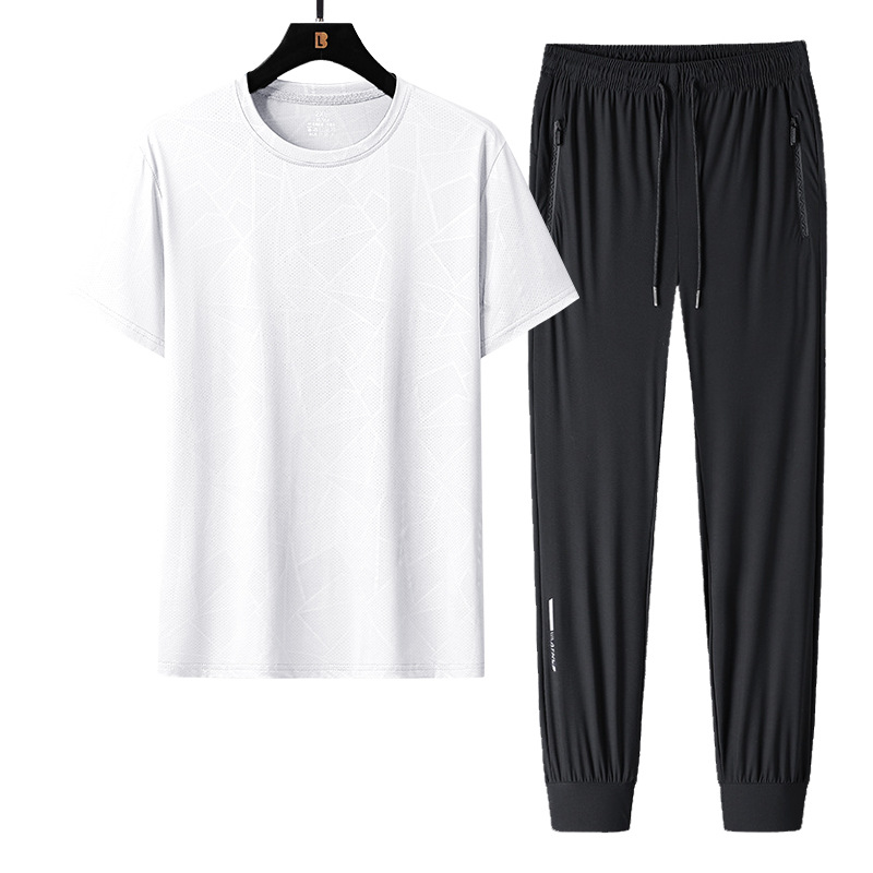 Traje de ocio deportivo para hombre de verano, seda de hielo, cuello redondo de secado rápido, pantalones de manga corta, camiseta para hombre, traje de dos piezas de gran tamaño de verano