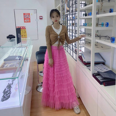 Dayi Chuang ガーゼスカート女性の春と秋の新しいロングスカートガールバービーピンクスーパーフェアリーメッシュスカート木耳ケーキスカート