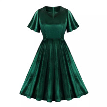 欧美跨境亚马逊心形领法式金丝绒高级感秋冬圣诞节复古大摆连衣裙