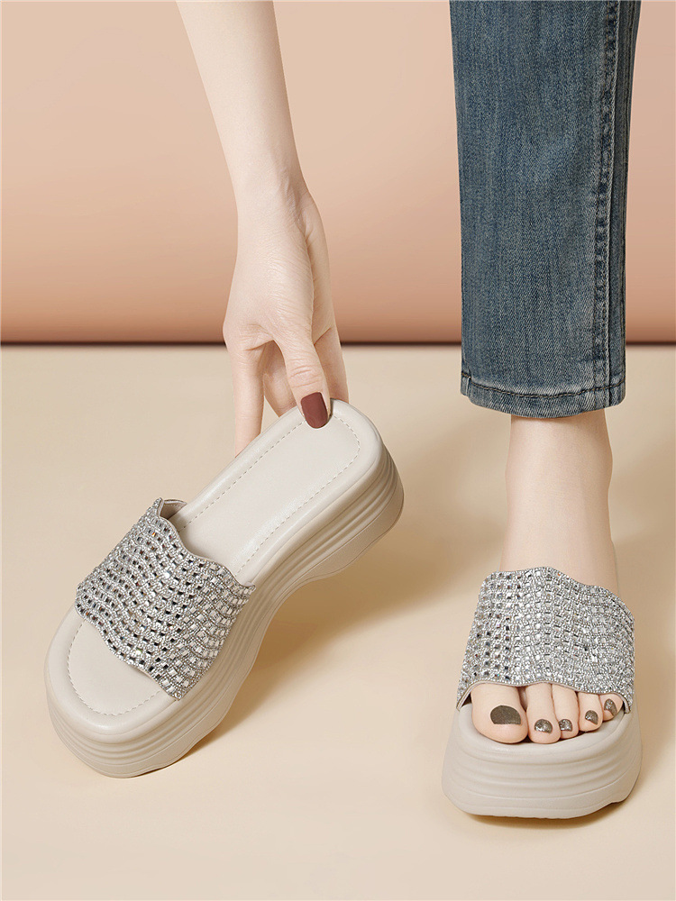 Sandal nữ đế dày đính đá lấp lánh phong cách thời trang — 6075 Màu be, 6075 Da đen chi tiết 16
