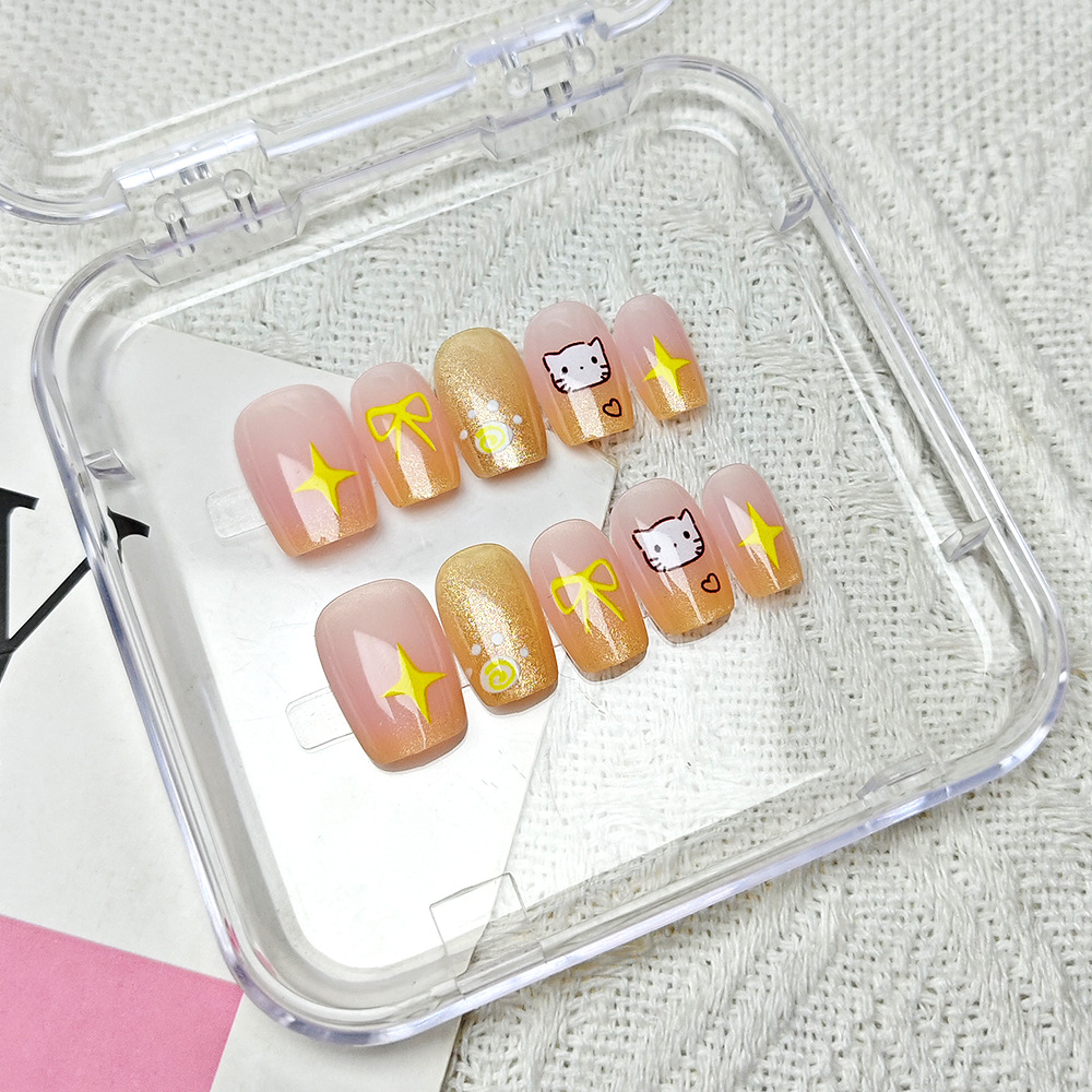 Nuevos productos de verano manicura de dibujos animados, lazo de gato, armadura infantil, 10 piezas, ojos de gato, uñas postizas hechas a mano image 3