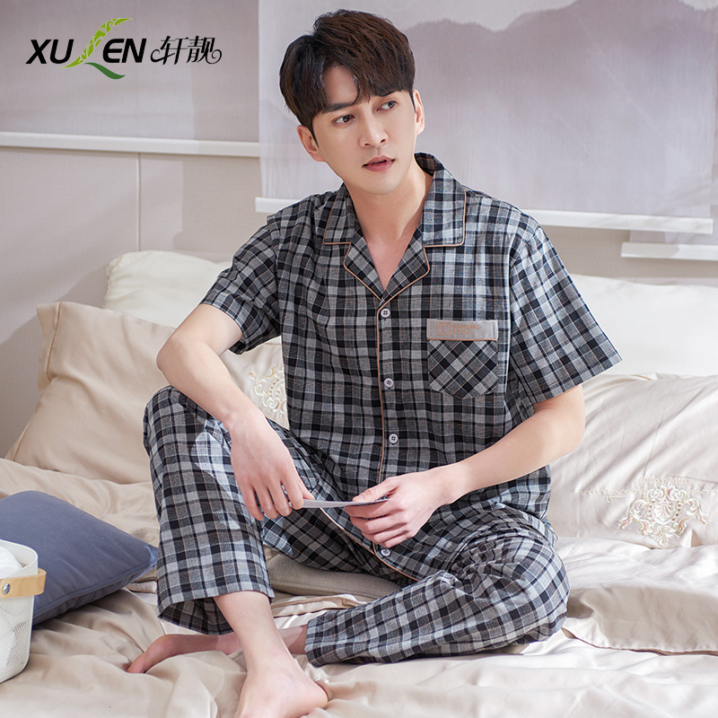 Pijamas de hombre verano Delgado 100% algodón pantalones de manga corta Cardigan a cuadros ropa para el hogar verano más traje de tamaño