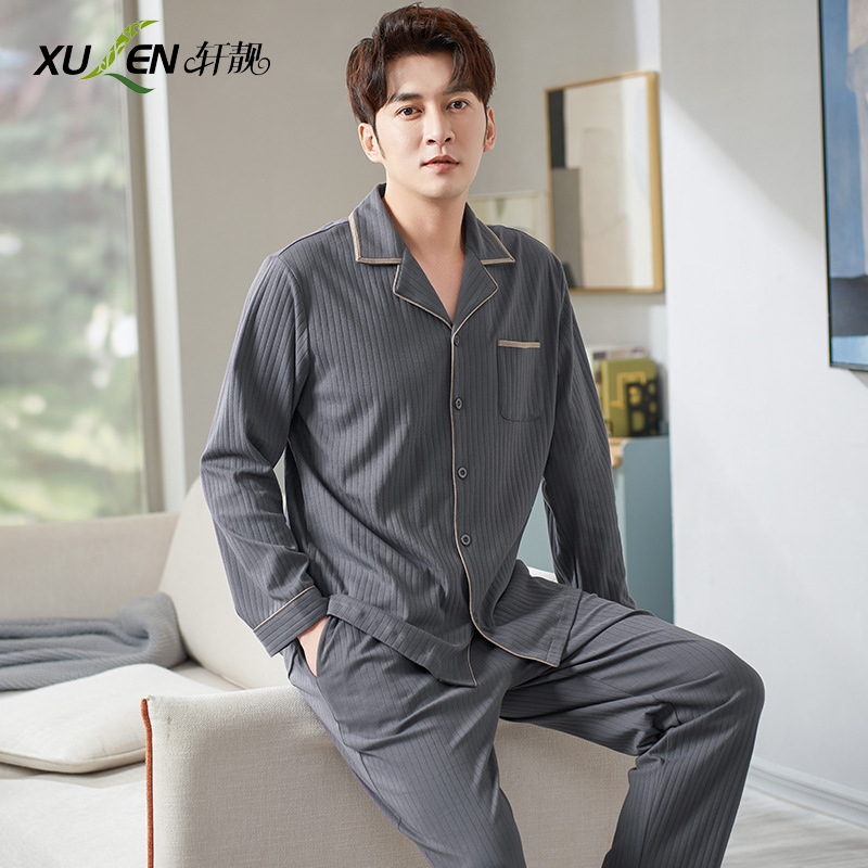 Pijamas de los hombres de primavera y otoño 100% algodón de manga larga más tamaño de los hombres sueltos de ropa para el hogar de otoño e invierno cardigan traje