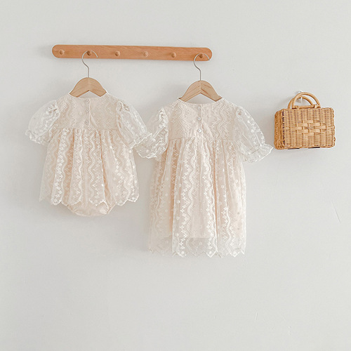 Summer New Lace Edge Short Sleeve Baby Girls' Korean Style Sister Set Girls' Princess Dress Net Fabric Tunic