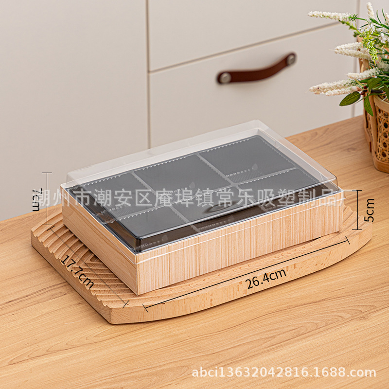 Caja de corte de frutas sin plegables, cuatro, cinco, seis cuadrículas de sushi, fruta fresca cortada, plástico transparente rectangular, caja de papel y plástico de tres piezas
