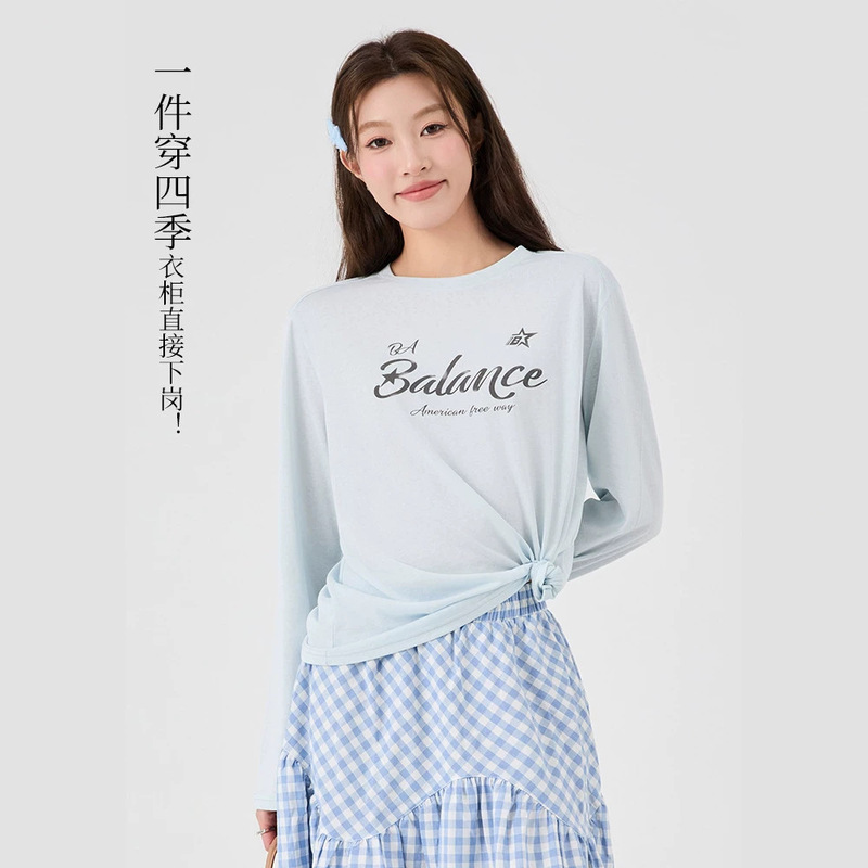 Cool-touch Tencel Snowflake Cotton Long-Sleeve Base Shirt for Women, Letter Print Loose Top, Slimming and Breathable Summer T-Shirt for Women
