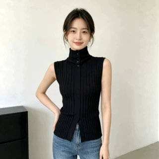 大朗源头毛衣厂2026早秋新款设计感半高领气质修身无袖针织打底衫