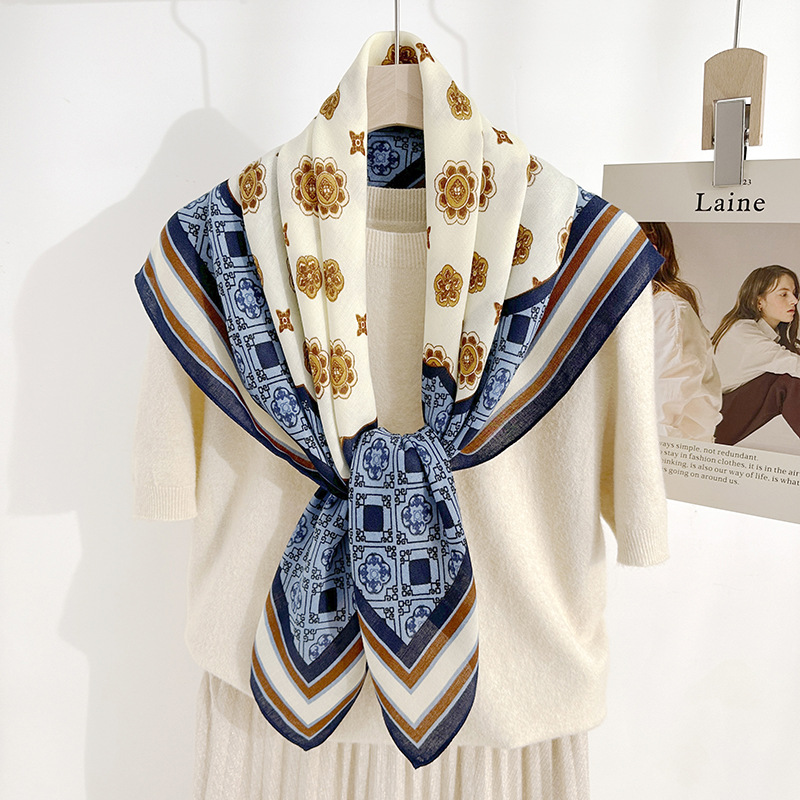 Pañuelo de seda con estampado floral geométrico para mujer de moda de primavera y verano