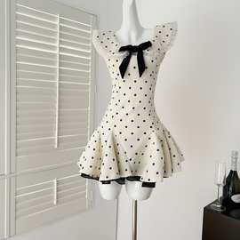寺迈气质夏季短款镂空连衣裙文艺复古2025新款女波点复古风