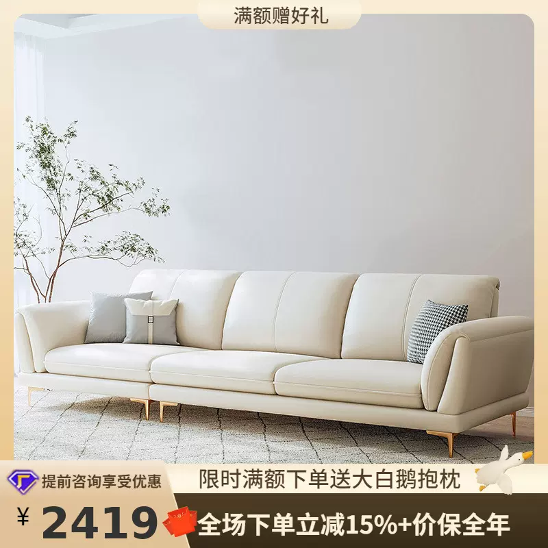 桐语特 北欧简约现代轻奢网红奶油风客厅小户型三人白色真皮沙发
