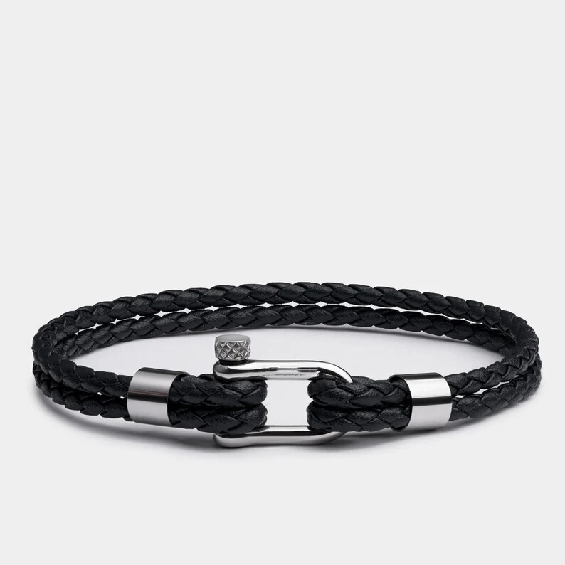 European and American fashion stainless steel mini U-shaped horseshoe buckle bracelet new cross-border men's black leather bracelet