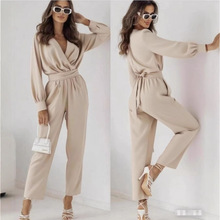 跨境新款欧美亚马逊 速卖通百搭长袖V领腰带纯色修身显瘦连体裤女