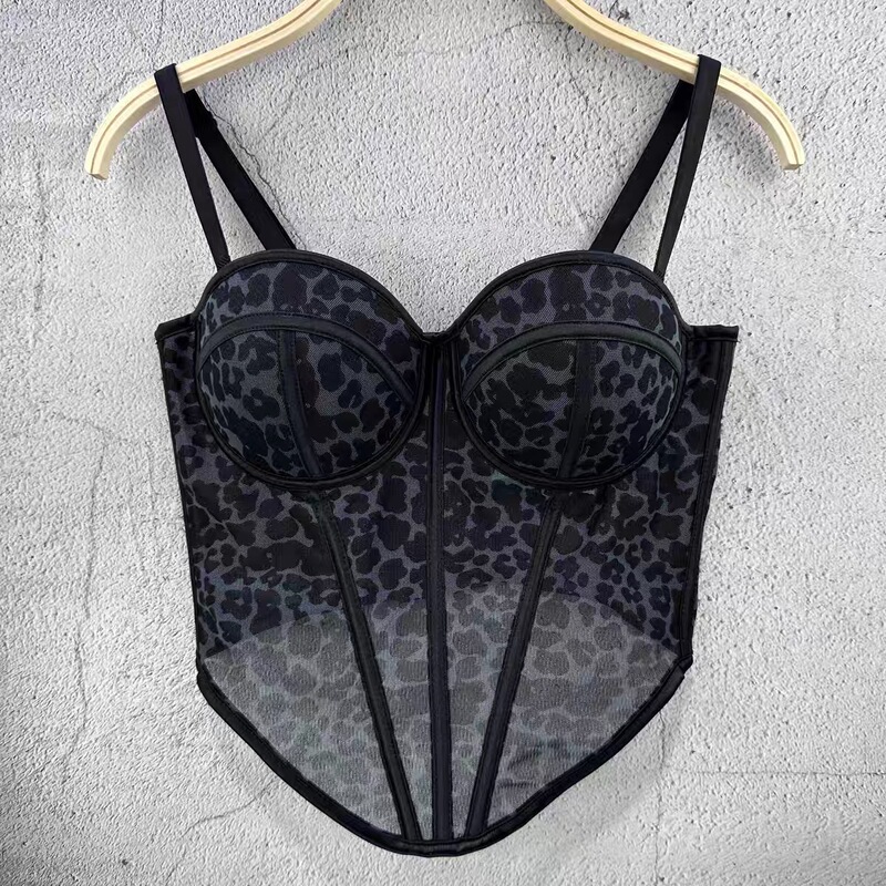 Sexy Leopard Print Patchwork Bra with Straps, High-End Feel, Mesh Lace See-Through Outerwear, Fishbone Corset for Shaping
