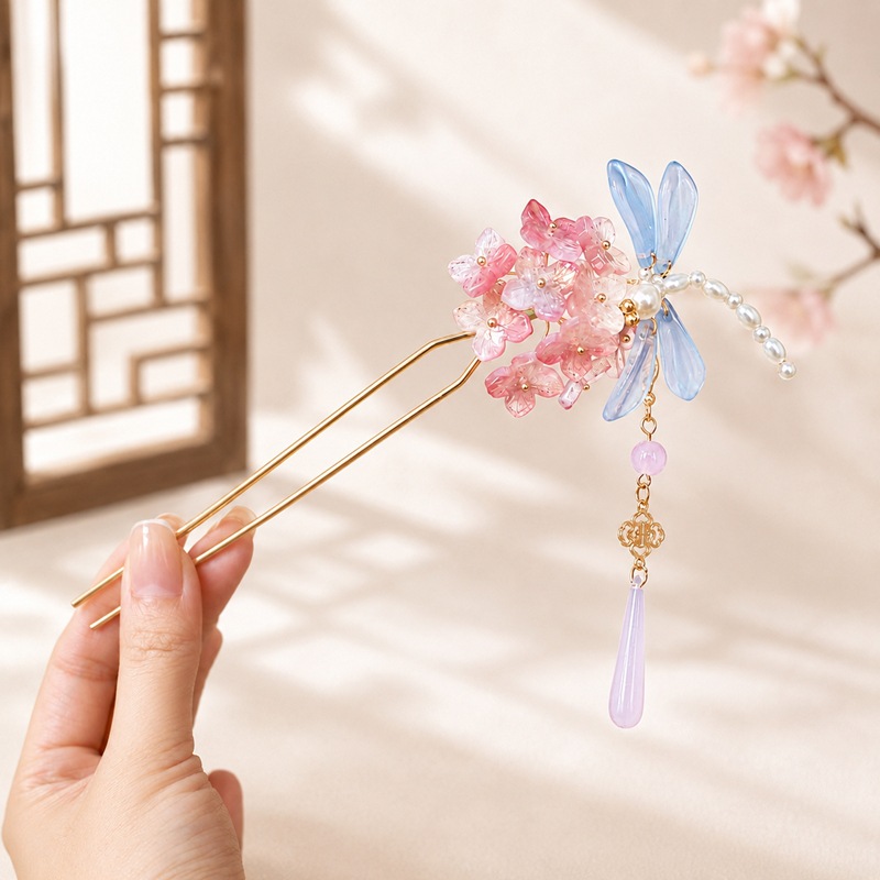 蜻蜓花朵发钗古风汉服发簪头饰盘发簪古装U钗步摇流苏小唐风发饰