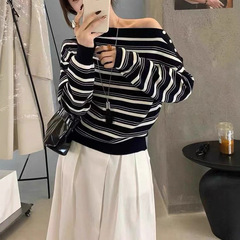 法式设计感一字肩条纹针织衫女2025早秋新款小众修身显瘦长袖上衣