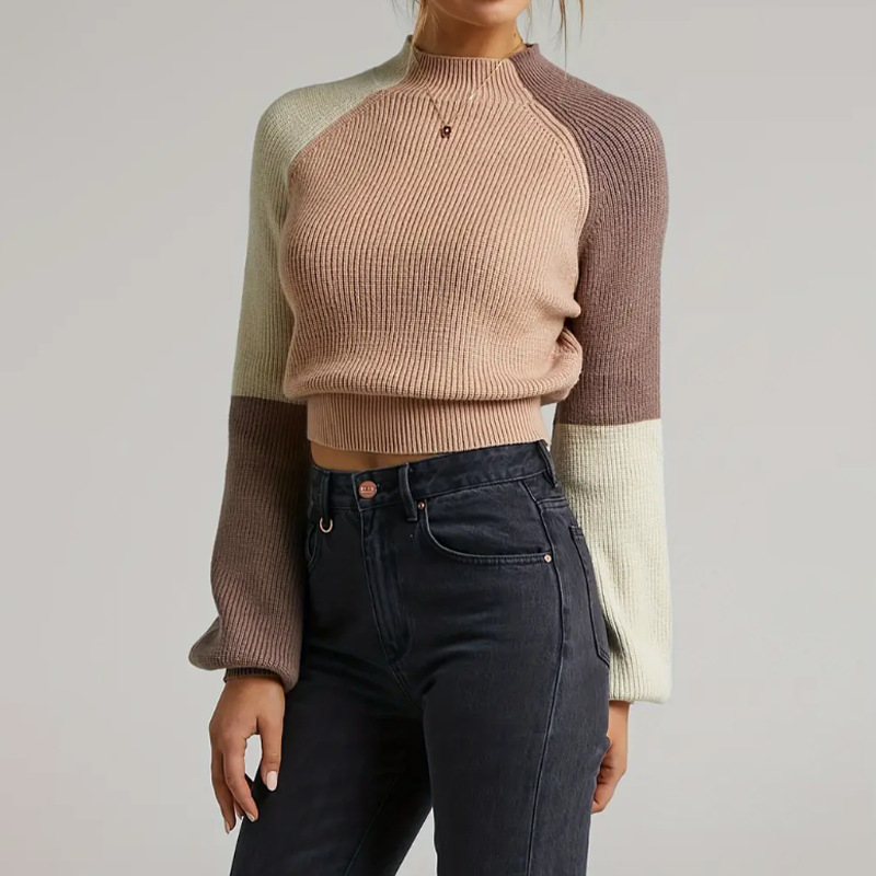Damen-Strickpullover, Herbst/Winter-Mode, lockere Passform, Farbblock-Pullover, lässig, bequem, Rundhalsausschnitt, lange Ärmel_voghion.com