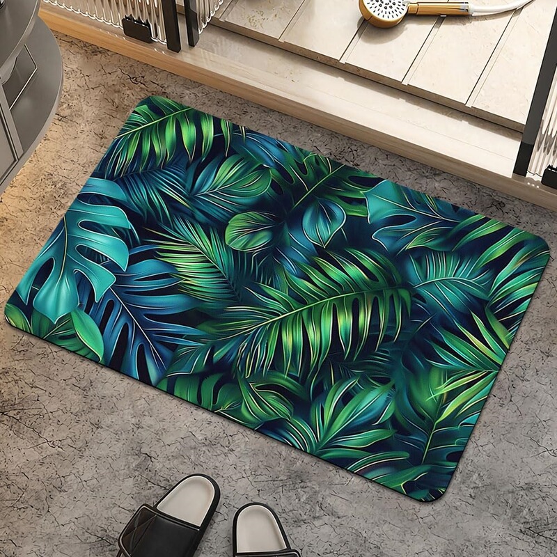 Cross-Border Deep-Green Tropical Monstera Palm Leaf Forest-Style Fresh Bathroom Flannel Floor Mat Home Carpet Decoration