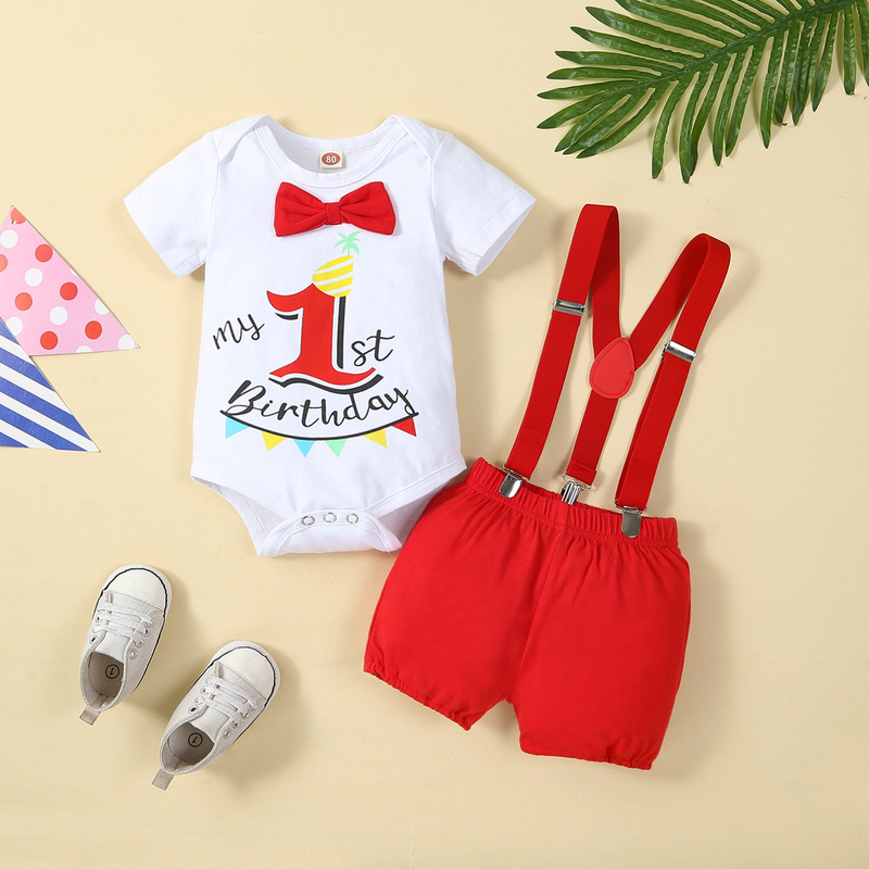 European and American 2024 infant short-sleeved letter color printing infant short-sleeved year-old strap birthday suit
