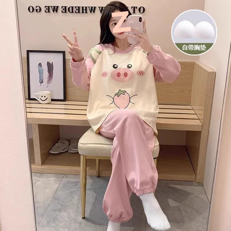春と秋の女性用パジャマ、胸パッド付き長袖ズボン、膨らみ防止スーツ、冬と夏の女性のかわいい漫画のホーム服|undefined