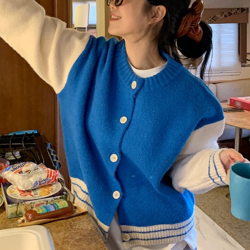 Корейский ленивый трикотажный свитер женский весенний и осенний новый свободный повседневный вязаный свитер кардиган бейсбольный костюм куртка
