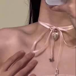 少女爱心粉色丝带蝴蝶结项链choker法式芭蕾风锁骨链甜酷颈链