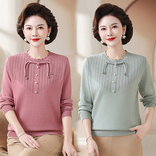Middle-aged mother spring western style knitted base shirt top 2025 new middle-aged loose plus size thin sweater